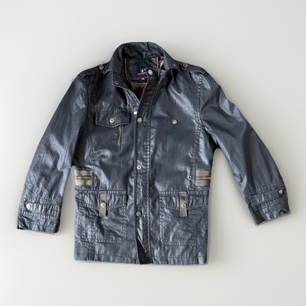 Y2K Vintage Shijitianwang Sz XL Black Waxed Grunge Moto Goth Jacket Fushi Zipper